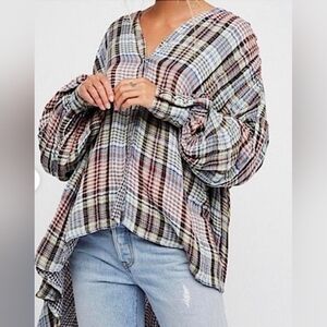 EUC FREE PEOPLE COME ON OVER PLAID TOP SIZE SMALL. OVERSIZED